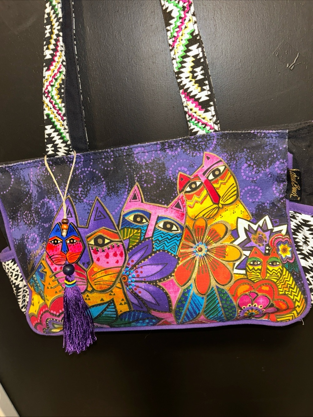Vibrant Purple Cat-Print Shoulder Bag with Tassel